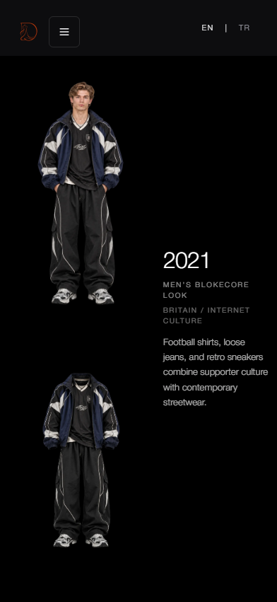 How Men Dressed on mobile: the 2021 Men's Blokecore Look and garment stacked on the left, the year and explanation on the right