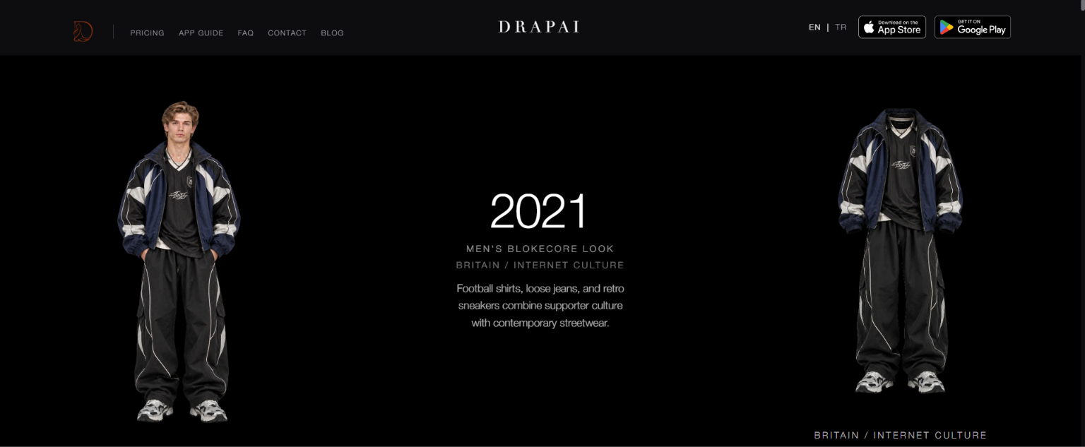 How Men Dressed on desktop: the 2021 Men's Blokecore Look worn on the left, the garment on the right, and the year 2021 with the era's name and explanation in the middle