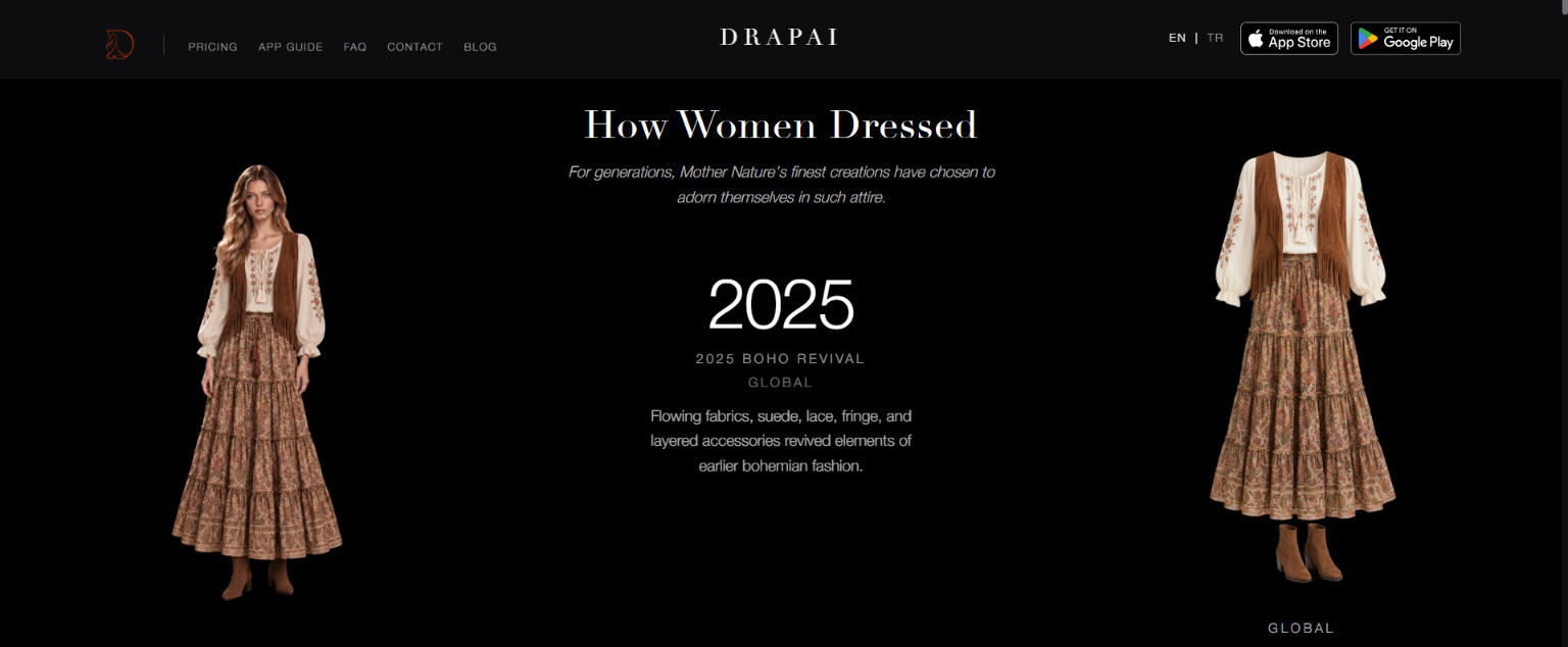 How Women Dressed on desktop: the 2025 Boho Revival look worn on the left, the garment on the right, and the year 2025 with the era's name and explanation in the middle
